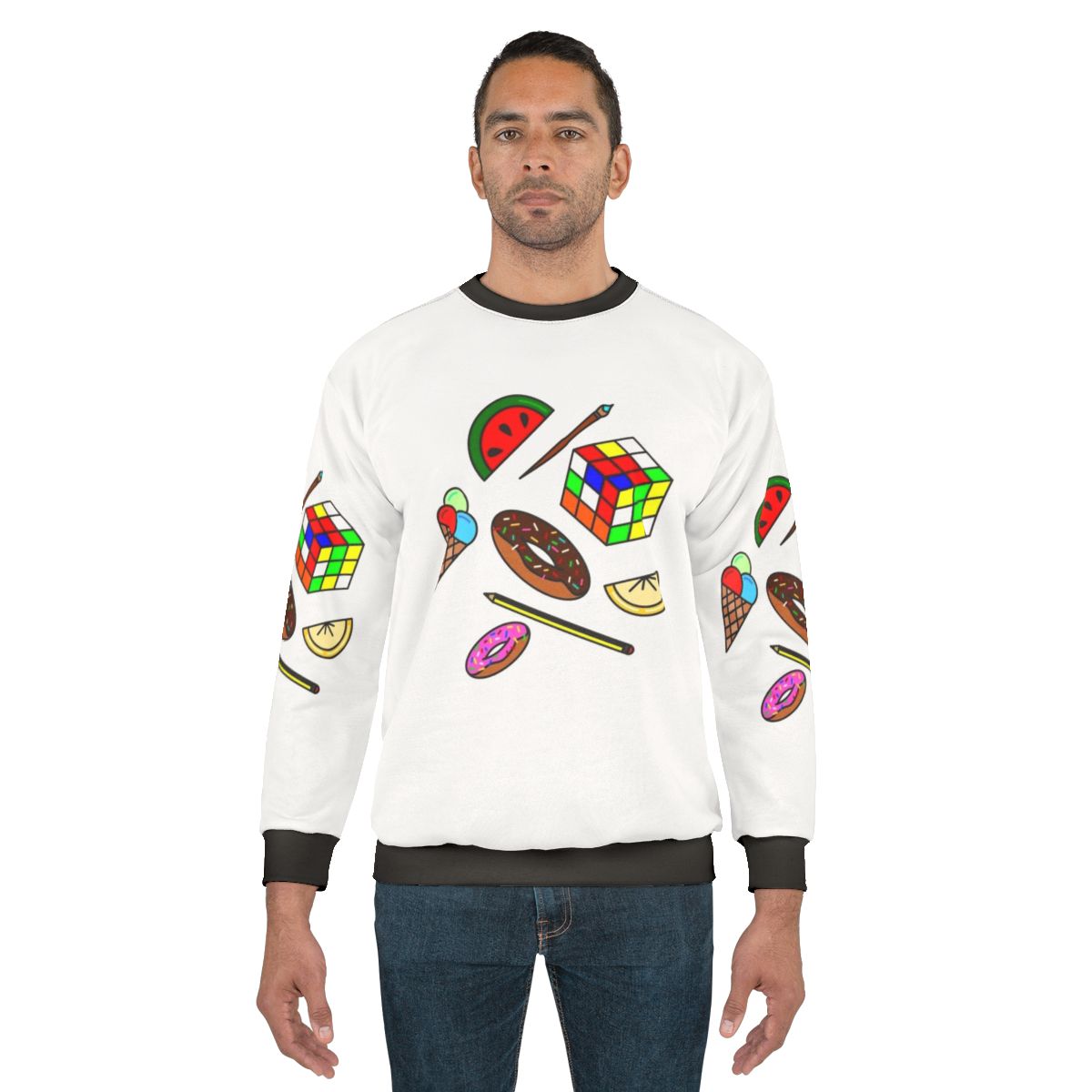 Hobbies and Food Sweatshirt with Colorful Pattern and Doodle Designs