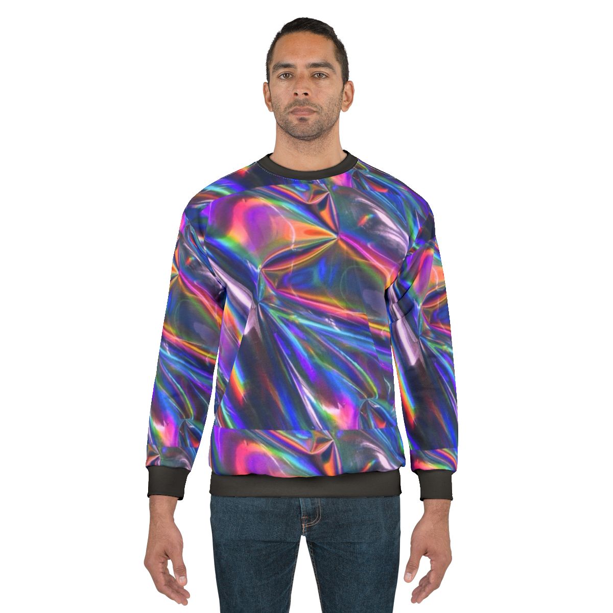 Holographic material sweatshirt with shiny, iridescent texture