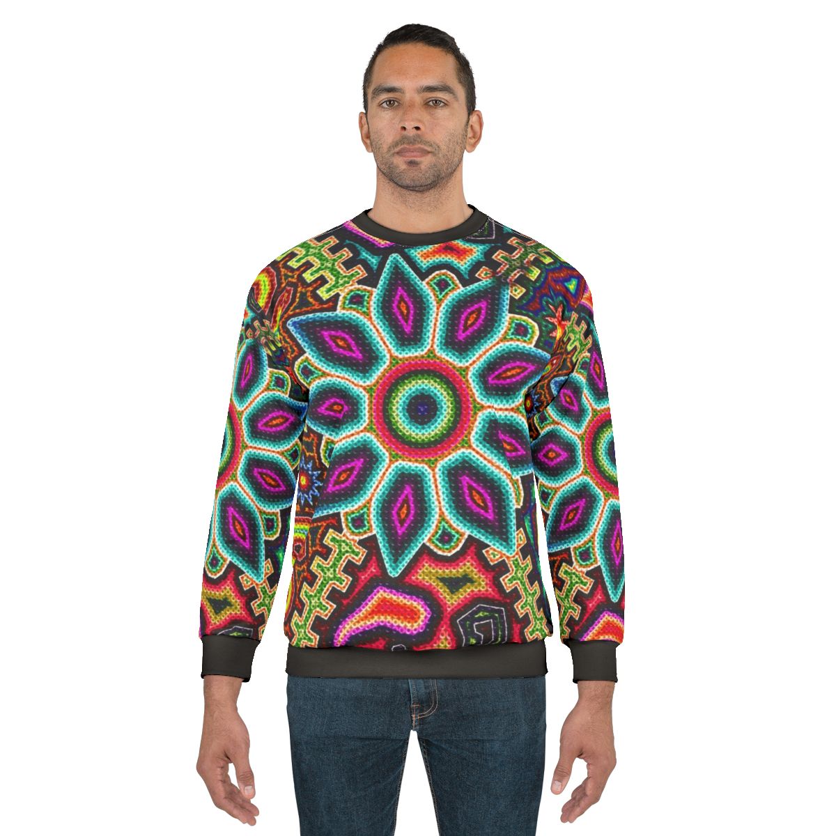 Huichol art inspired Mexican sweatshirt with vibrant colors and prehispanic design