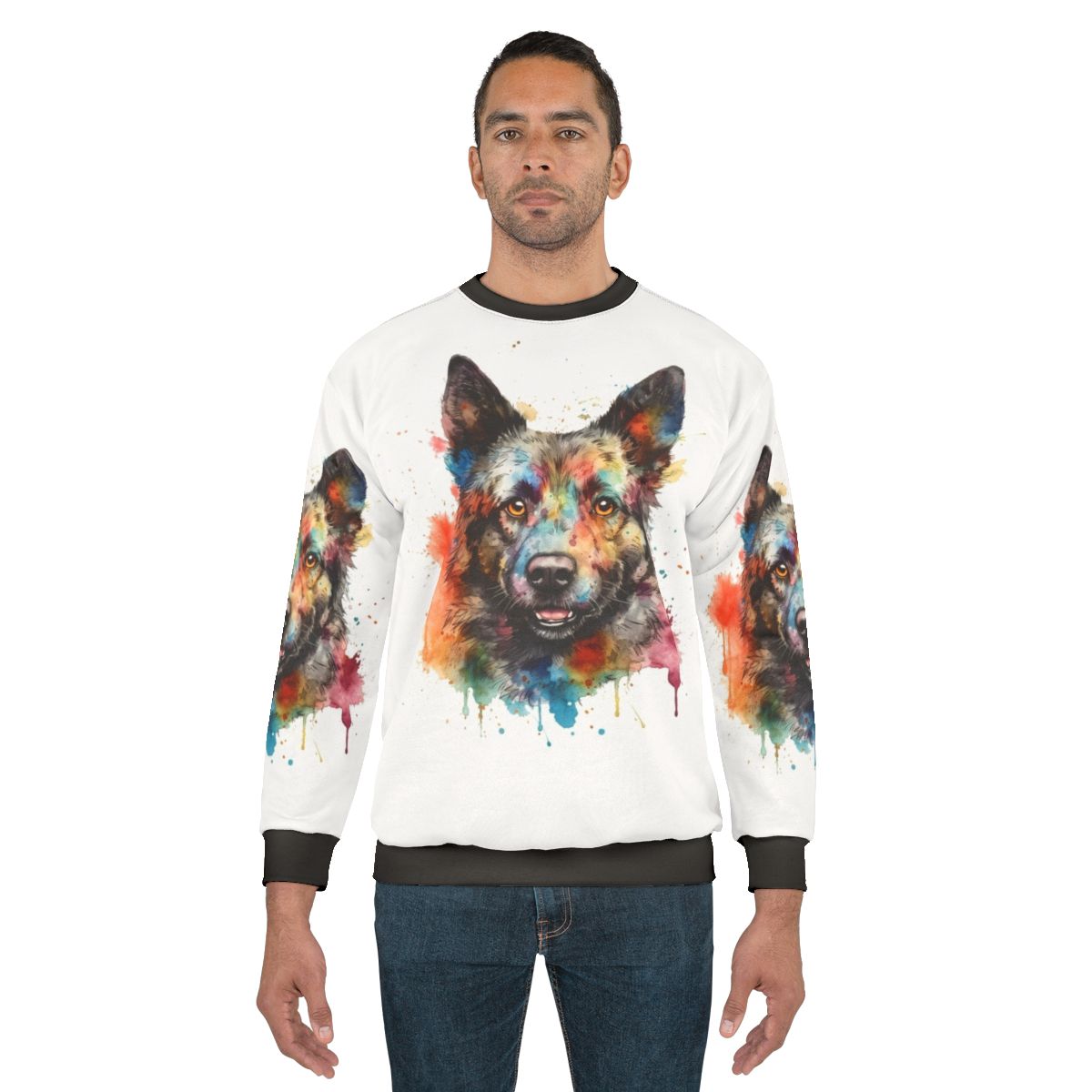 Bright watercolor painting of a Hungarian Mudi dog on a sweatshirt
