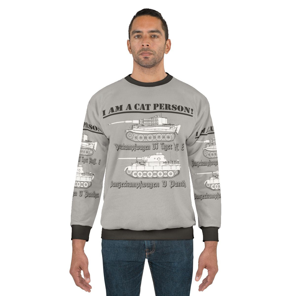Military-inspired "I Am A Cat Person" sweatshirt with retro WWII design