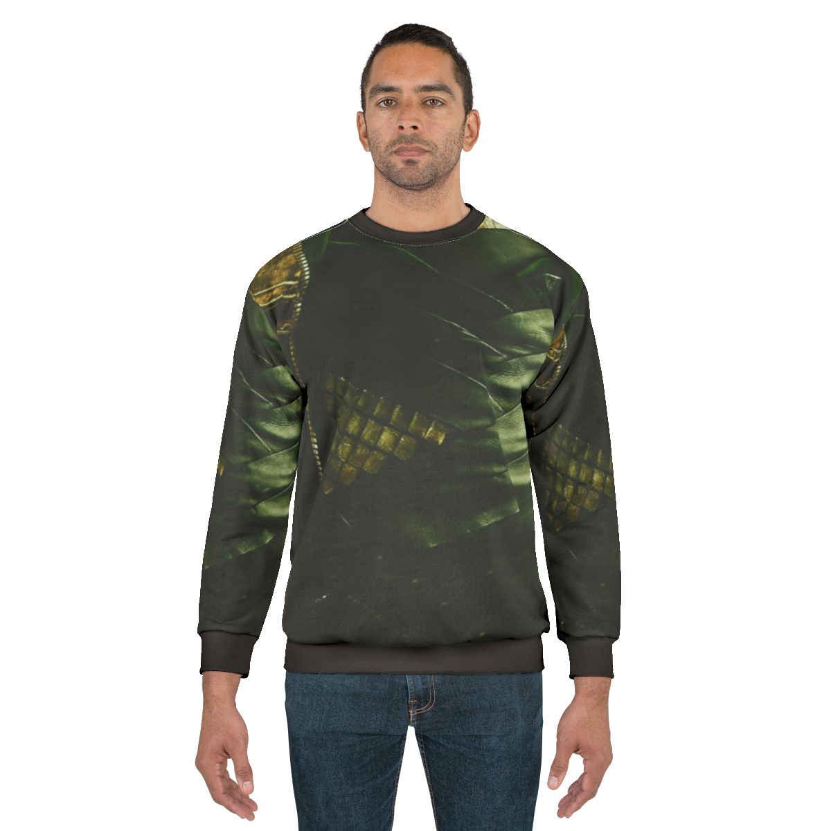 Loki-inspired green and gold sweatshirt with comic book villain design