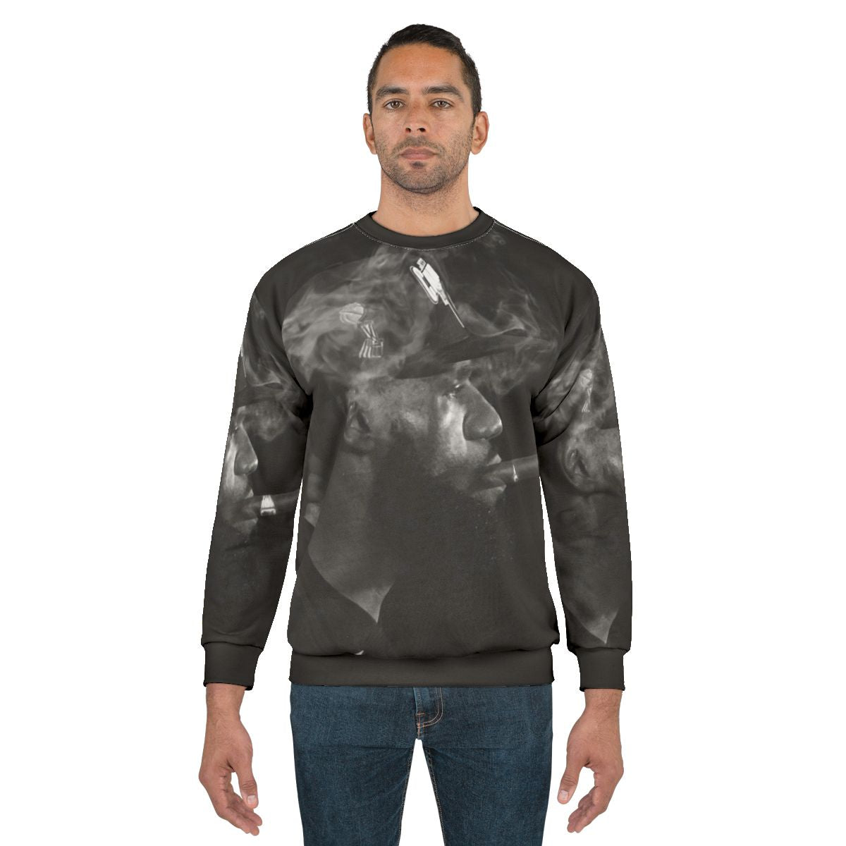 Cigar smoking music artist basketball player black and white sweatshirt