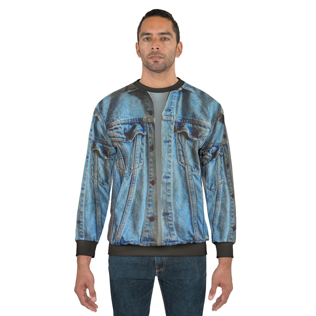 Model wearing a blue denim jacket sweatshirt