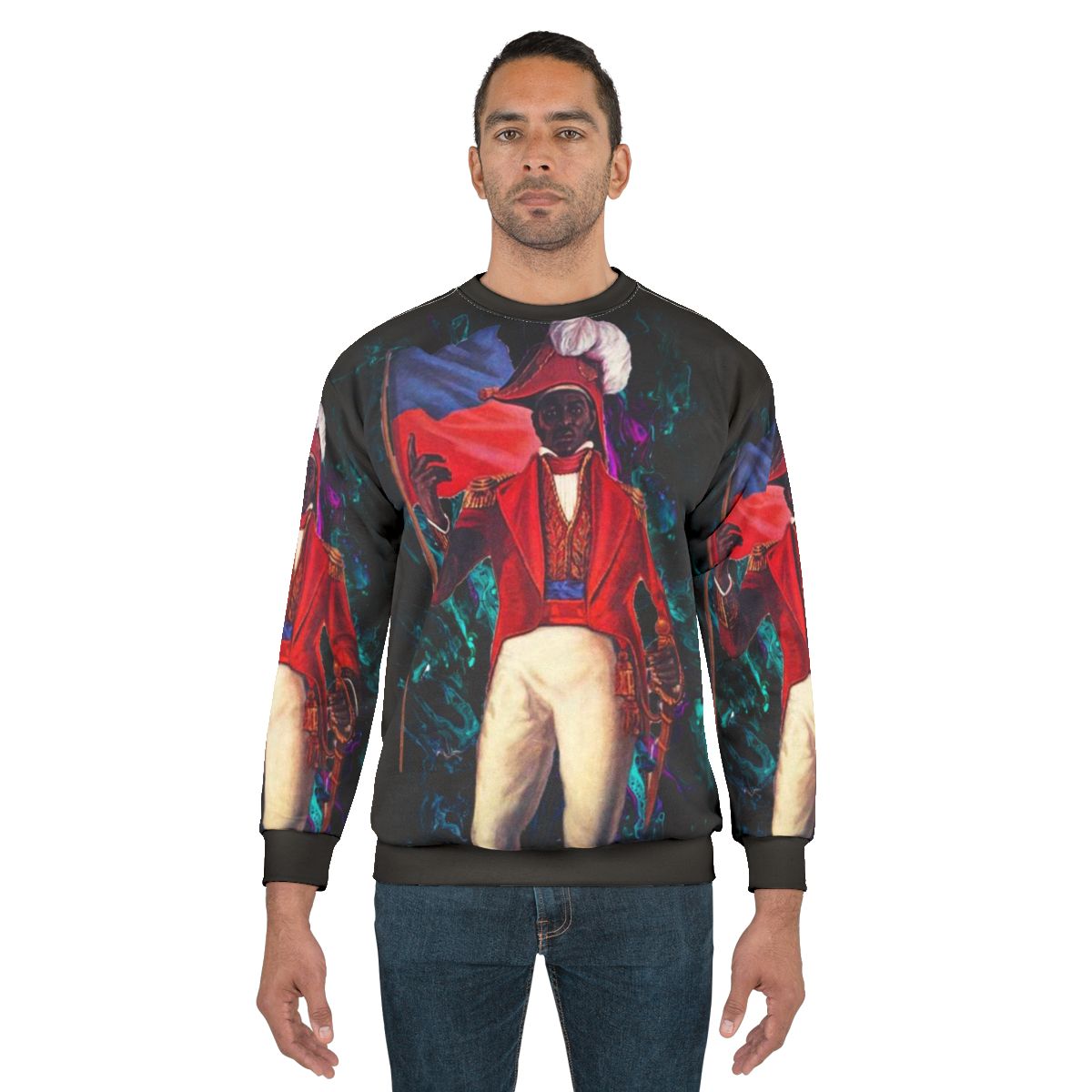 Abstract sweatshirt design featuring Jean Jacques Dessalines, leader of the Haitian Revolution