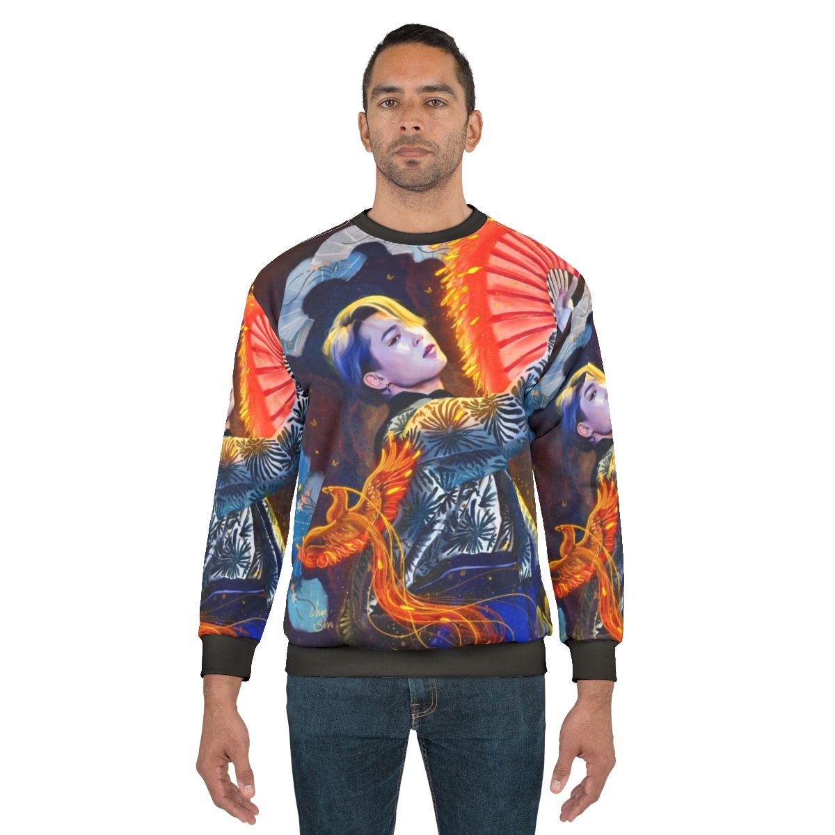 Jimin Golden Phoenix Sweatshirt featuring a digital portrait of BTS member Jimin in a fantasy phoenix design
