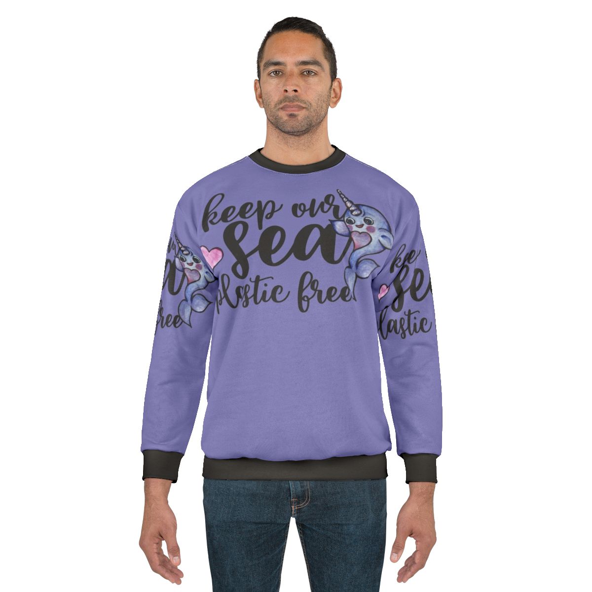 Narwhal sweatshirt with "Keep Our Sea Plastic Free" message