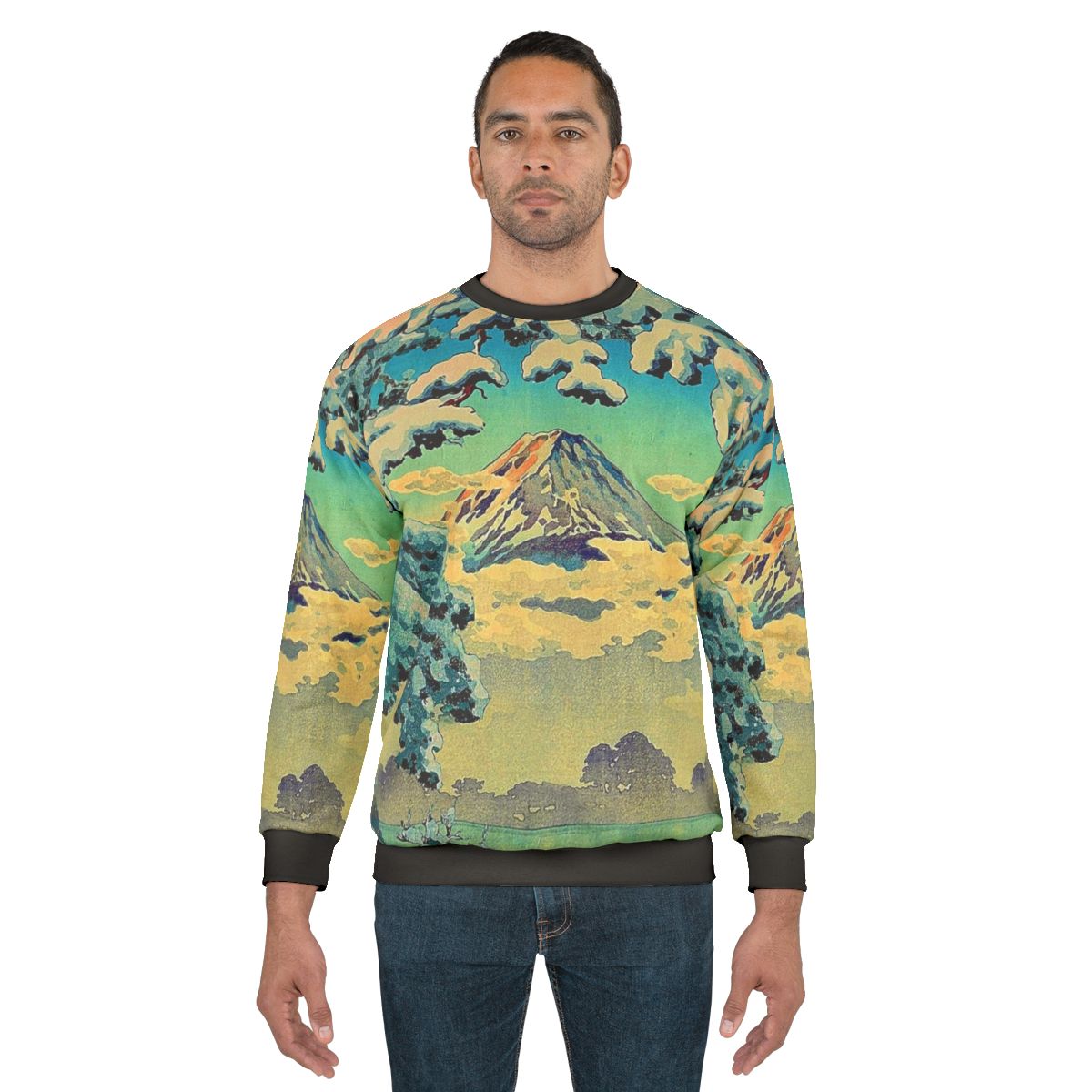 Cozy winter sweatshirt featuring a nature landscape inspired by Japanese art