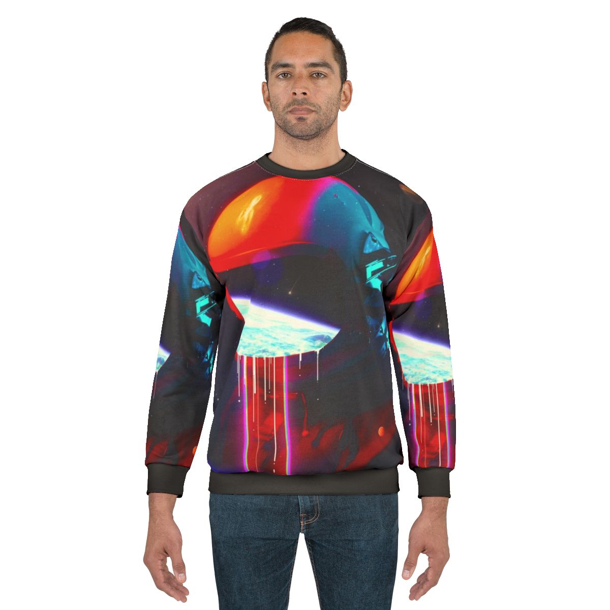 Cosmic leaking sweatshirt with surreal space exploration design