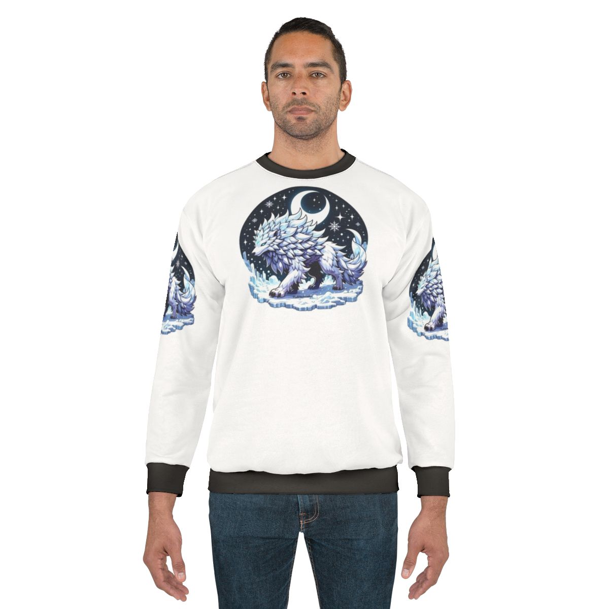 Silver frost giant wolf illustration on a sweatshirt