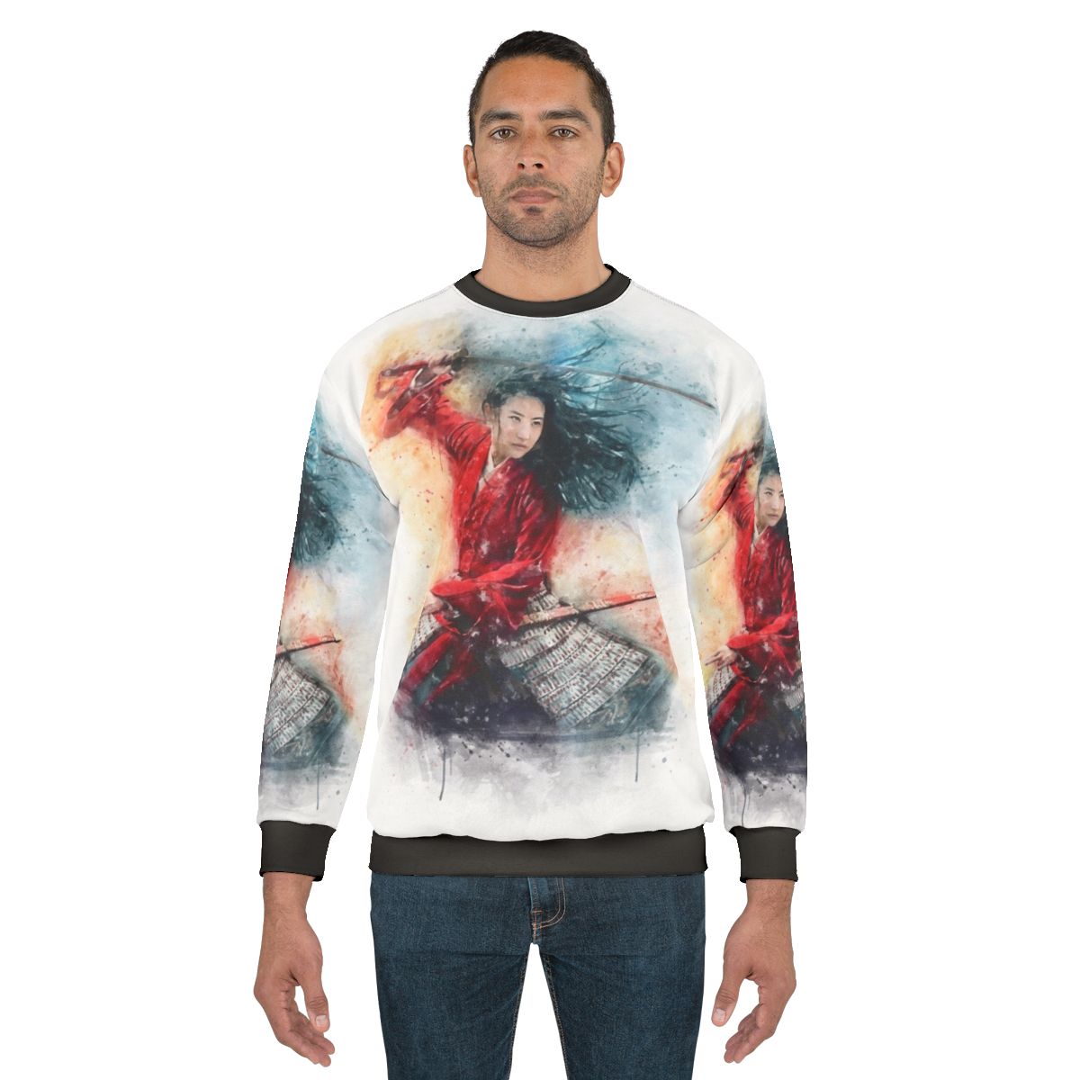 Vibrant watercolor illustration of the legendary warrior princess Mulan on a colorful sweatshirt
