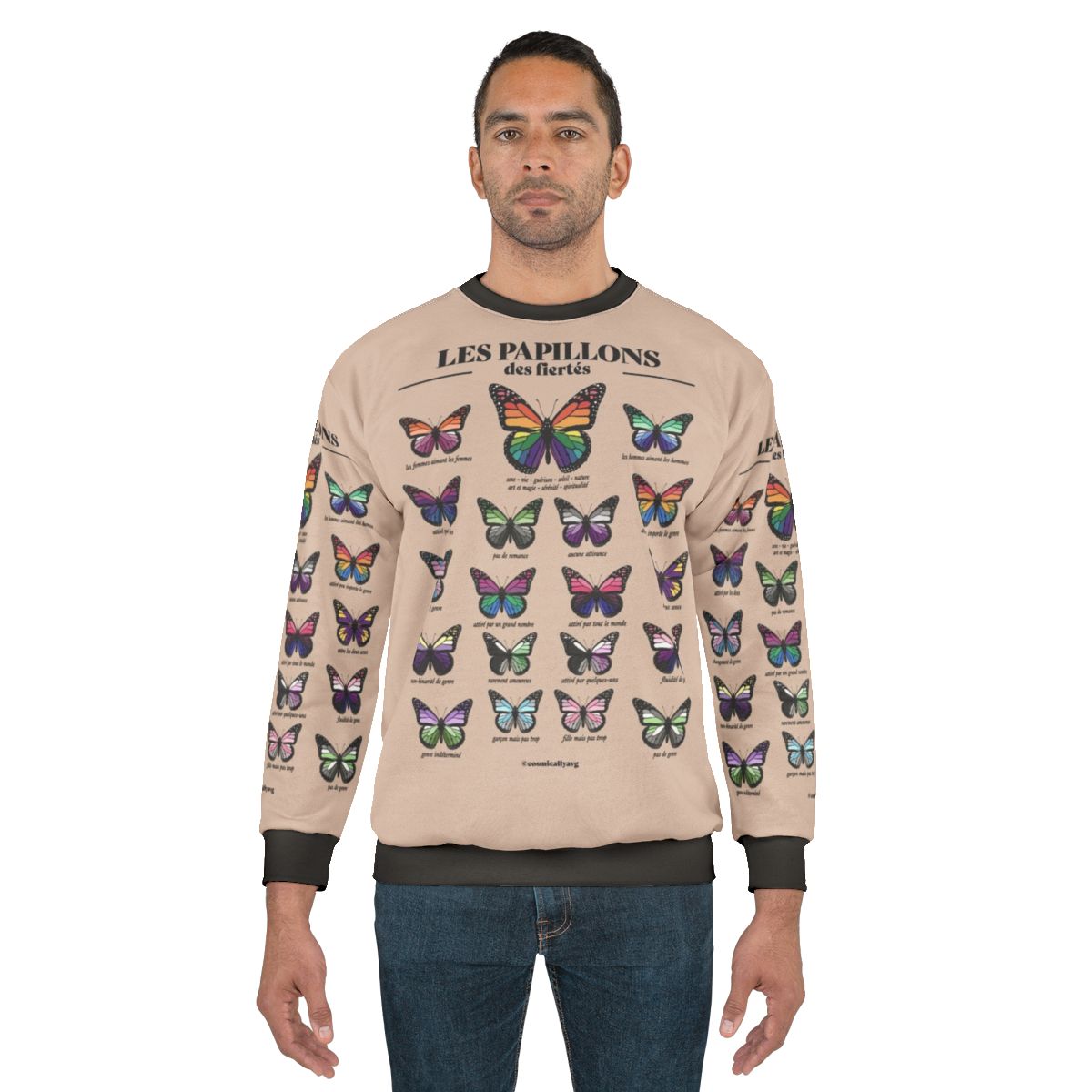 LGBTQ pride sweatshirt with colorful butterflies design