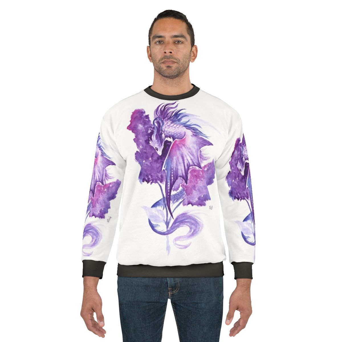 Lilac dragon sweatshirt with fantasy floral watercolor design