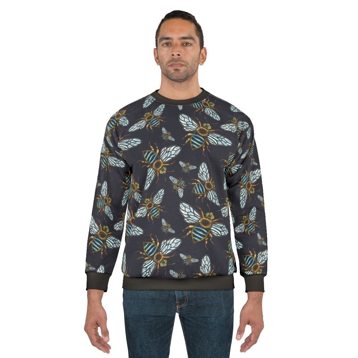 Blue banded bee lino print crewneck sweatshirt