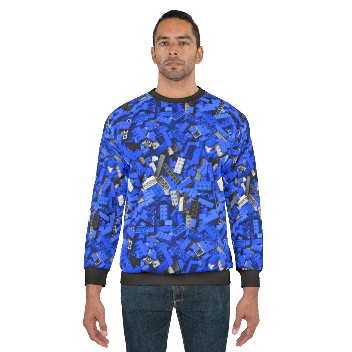 Blue sweatshirt with a vibrant, repeating brick pattern design