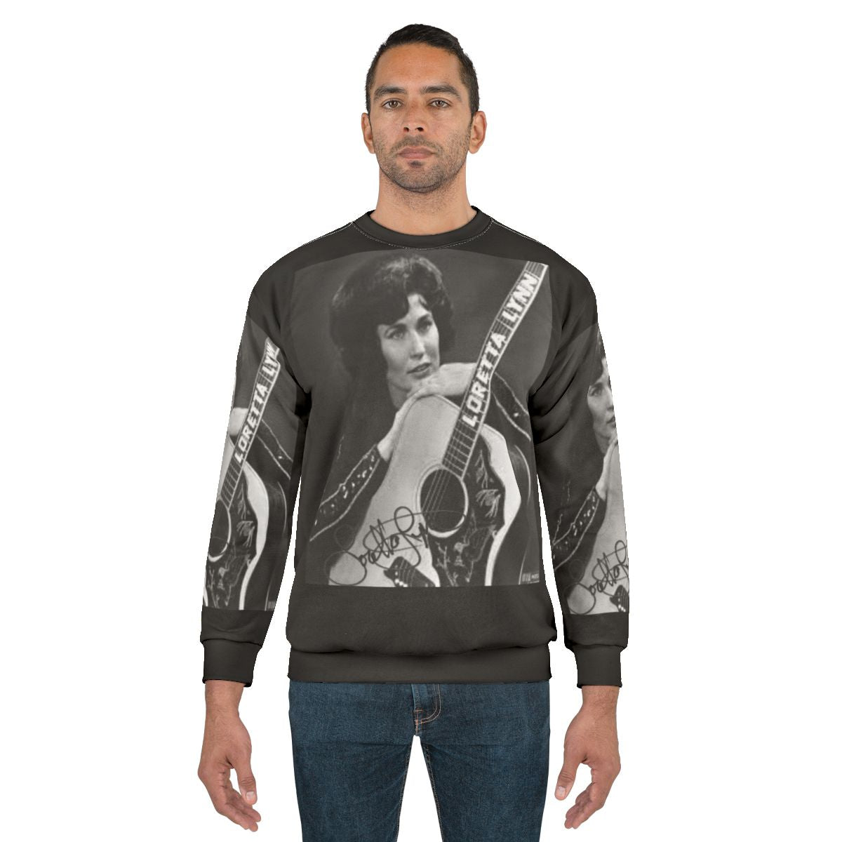 Loretta Lynn wearing a vintage-style sweatshirt with her country music photos