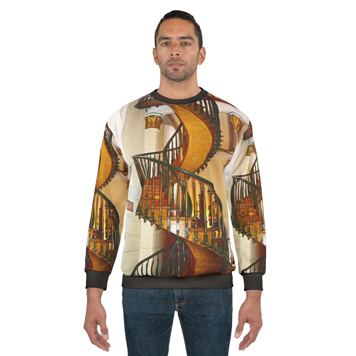 Loretto Chapel Staircase Sweatshirt featuring the iconic wooden spiral staircase in Santa Fe, New Mexico