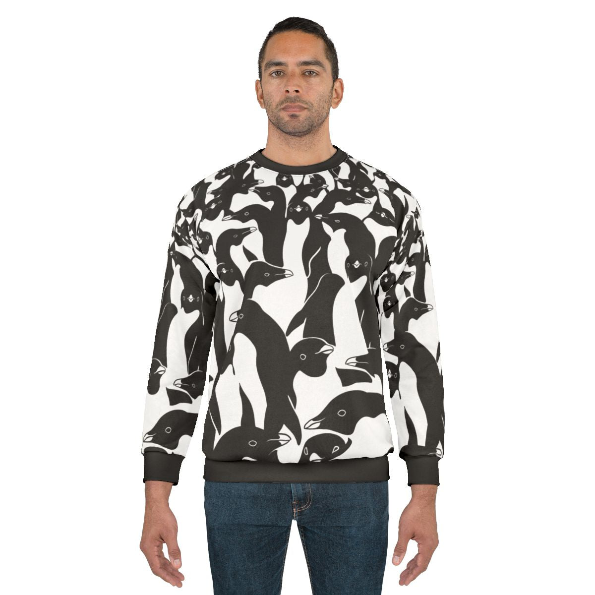 Adelie penguin flock in a monochrome camouflage pattern sweatshirt