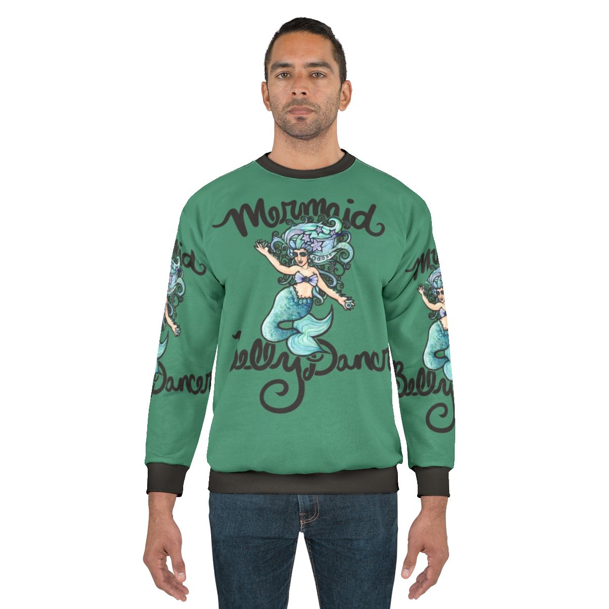 Mermaid belly dancer wearing a cozy sweatshirt