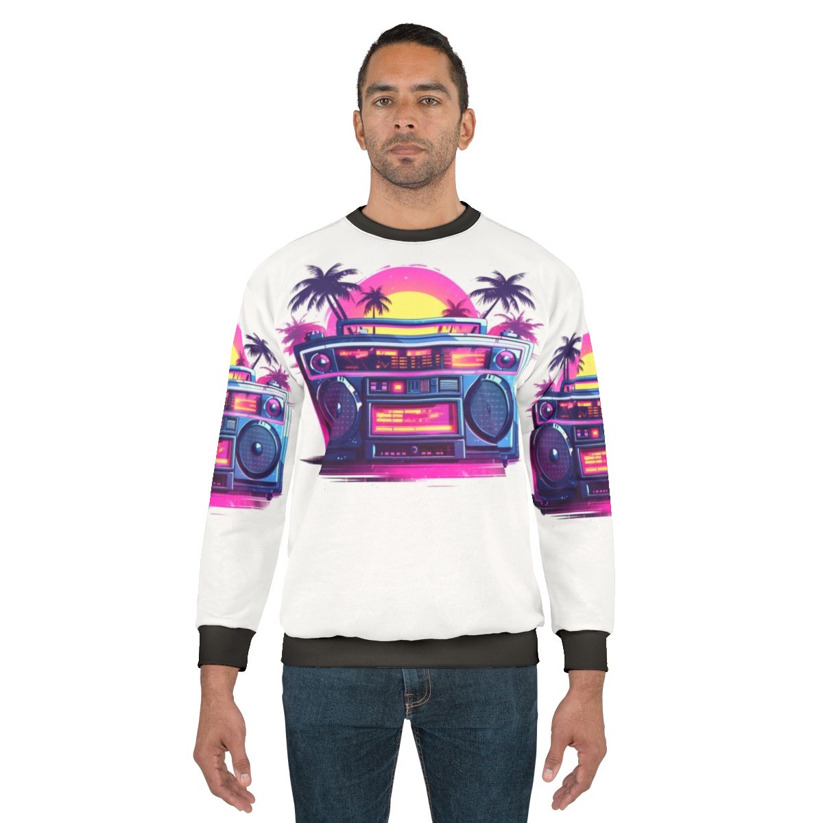 Miami Boombox Retro Sweatshirt with Vibrant 80s Synthwave Graphic