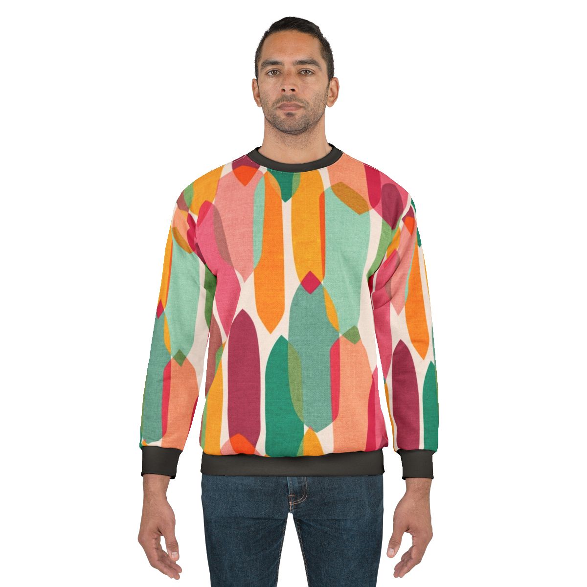Colorful mid century modern style sweatshirt with abstract droplet motif