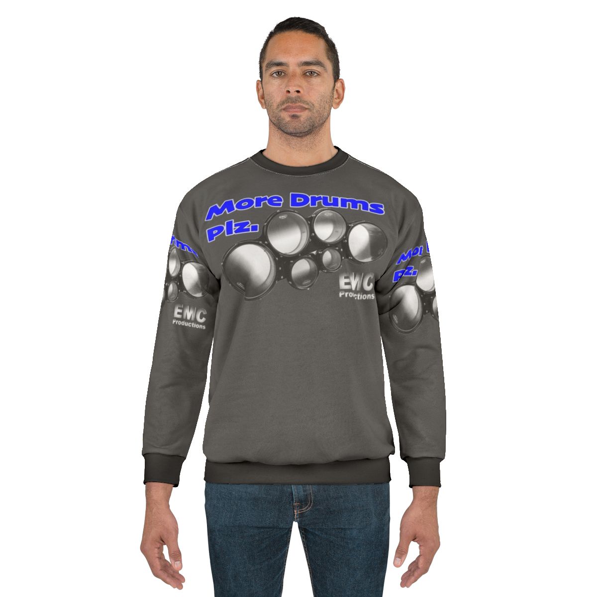Drummer wearing 'More Drums Please' sweatshirt