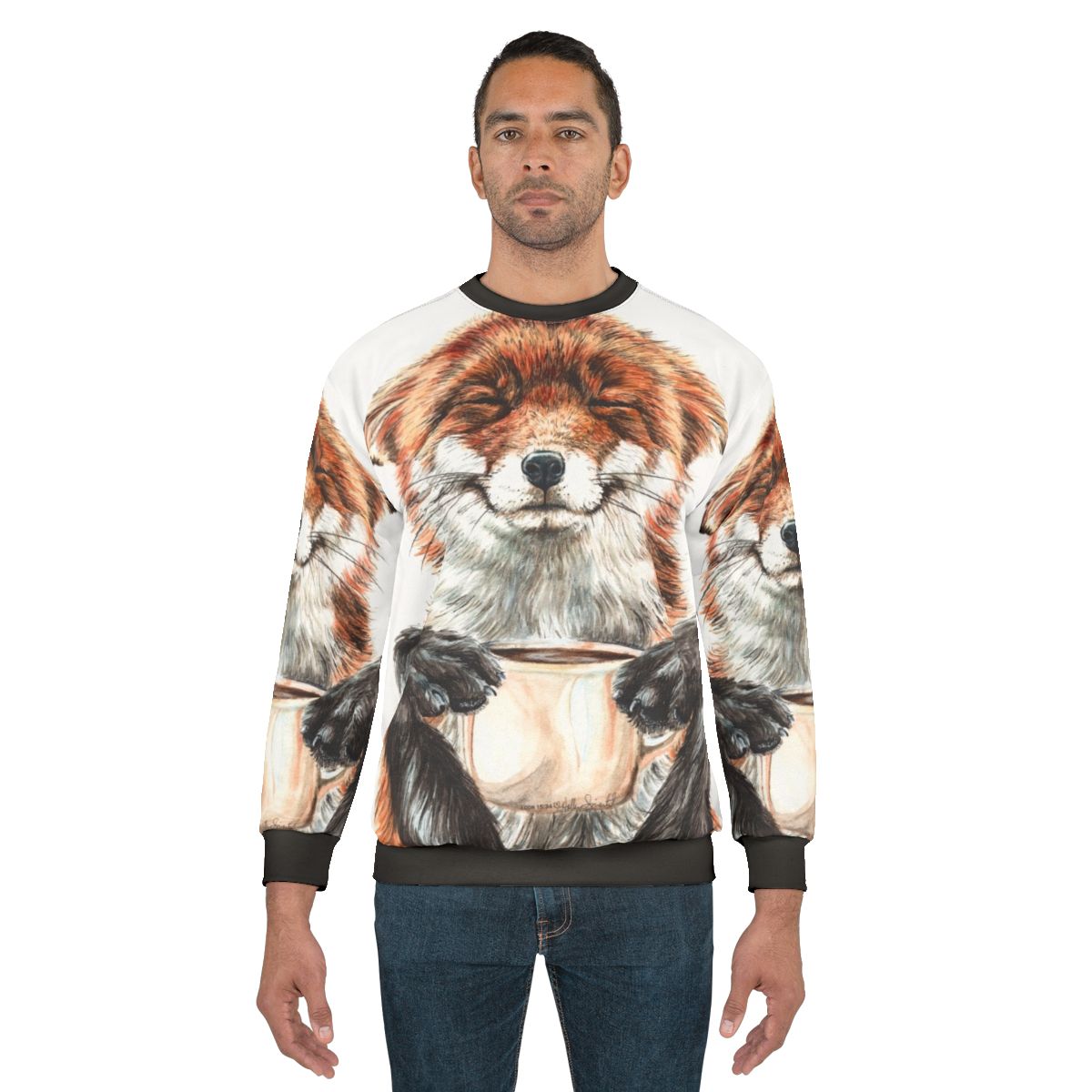 Cute Morning Fox Drinking Coffee Illustration on Sweatshirt