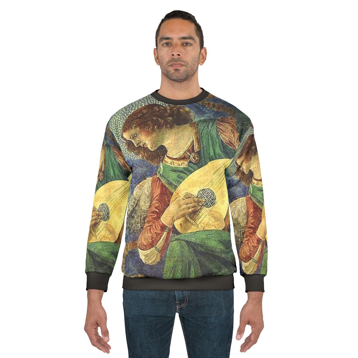 Festive Christmas angel playing a lute on a decorative floral sweatshirt