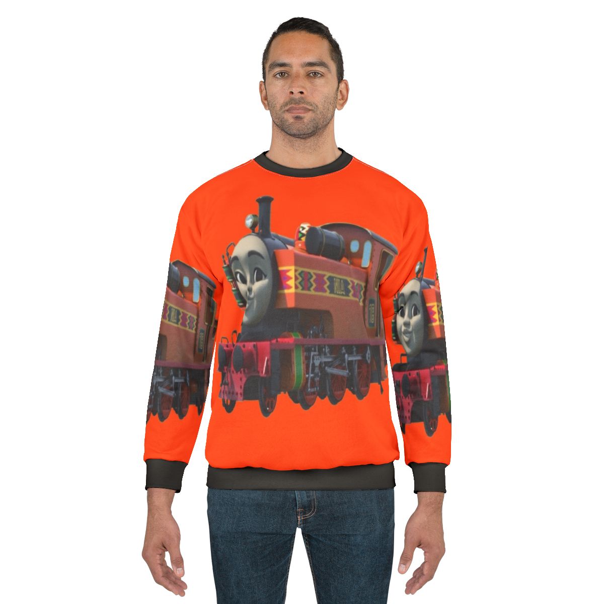 Orange sweatshirt with tank engine design for train enthusiasts
