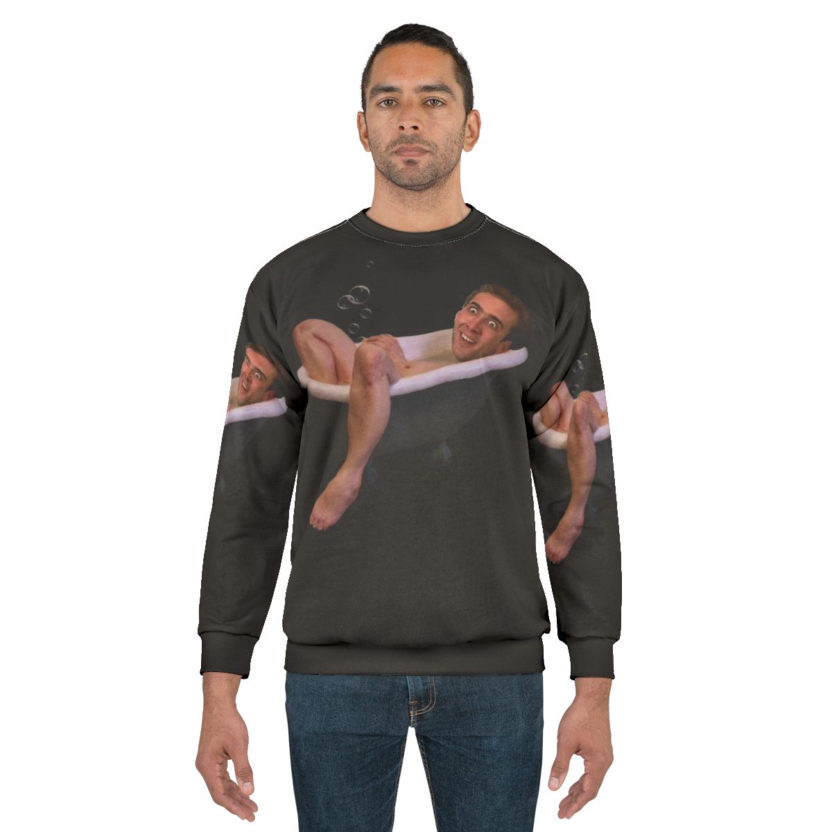 Nicholas Cage taking a bath in a funny sweatshirt