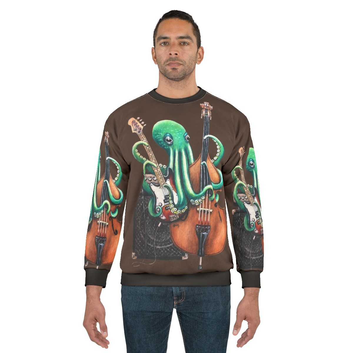 Octopus bass guitar sweatshirt featuring a stylized octopus design