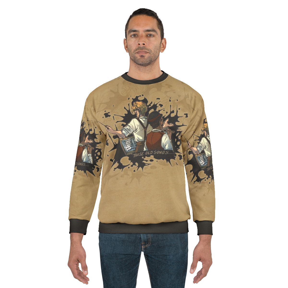 Vintage inspired abstract art sweatshirt featuring old songs graphic