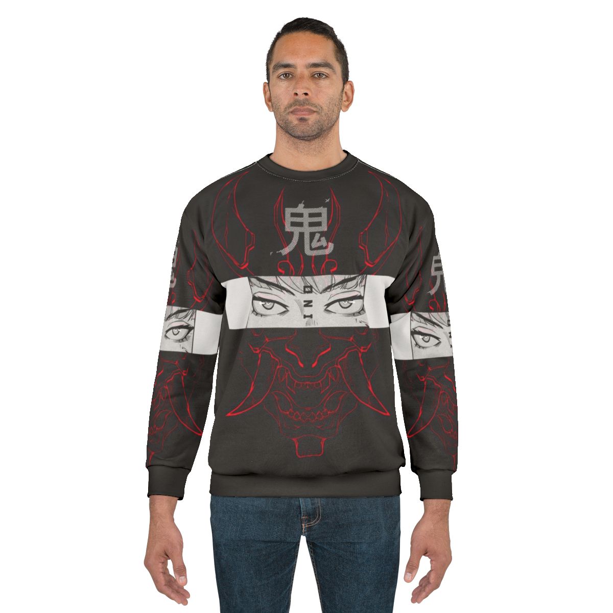 Oni Red Sweatshirt with Futuristic Cyberpunk Aesthetic