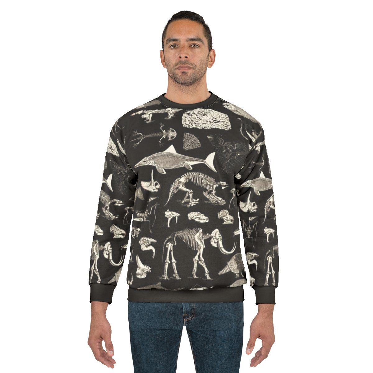 Paleontology Illustration Sweatshirt featuring fossils, dinosaurs, and skeletons