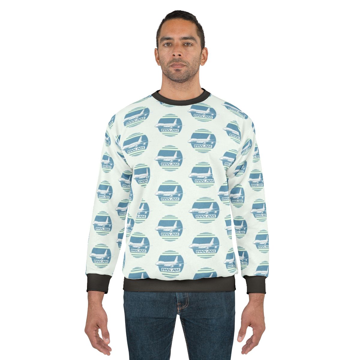 Vintage Pan Am airplane graphic on a navy blue sweatshirt