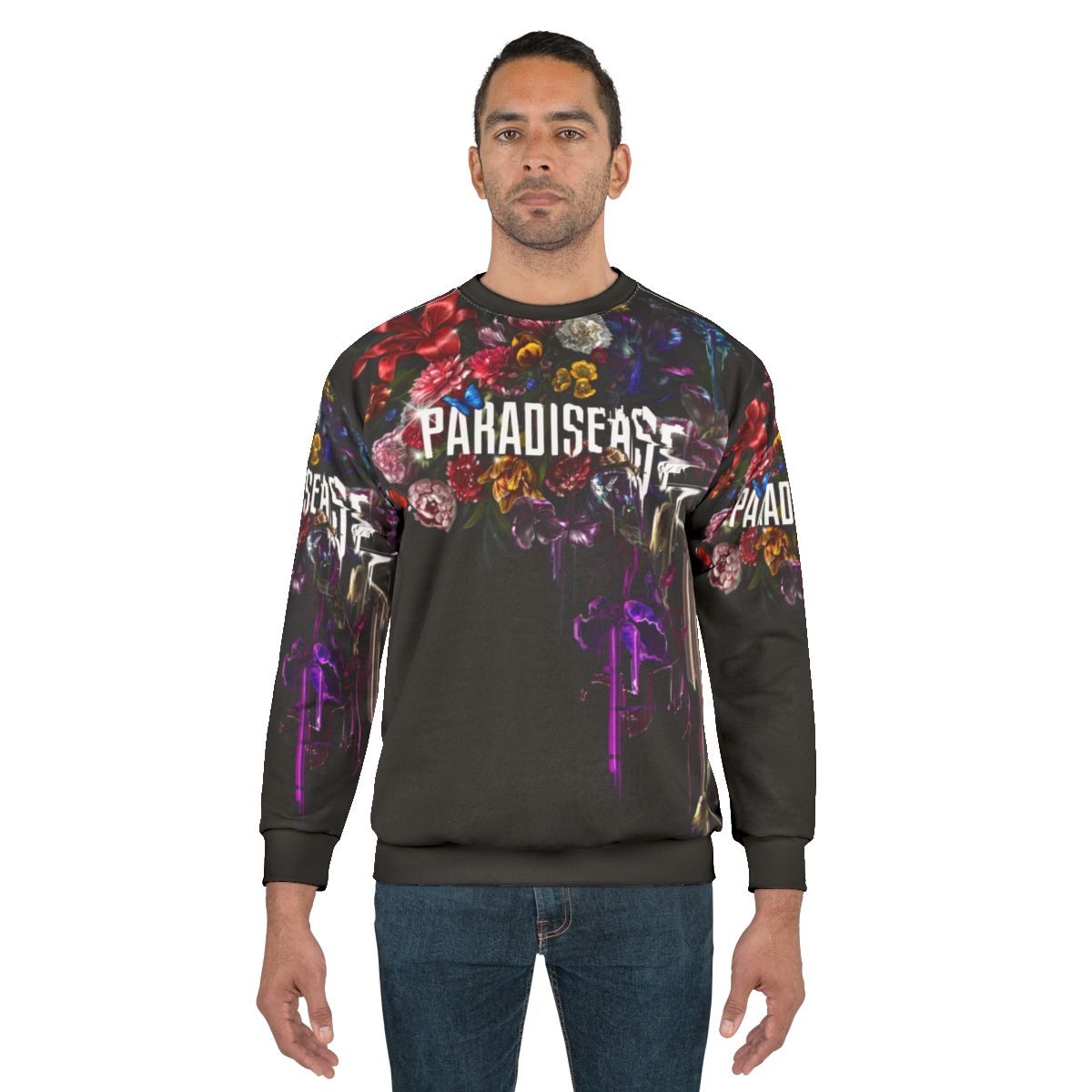 Paradise Corrupt Sweatshirt featuring glitch floral sci-fi botanical design