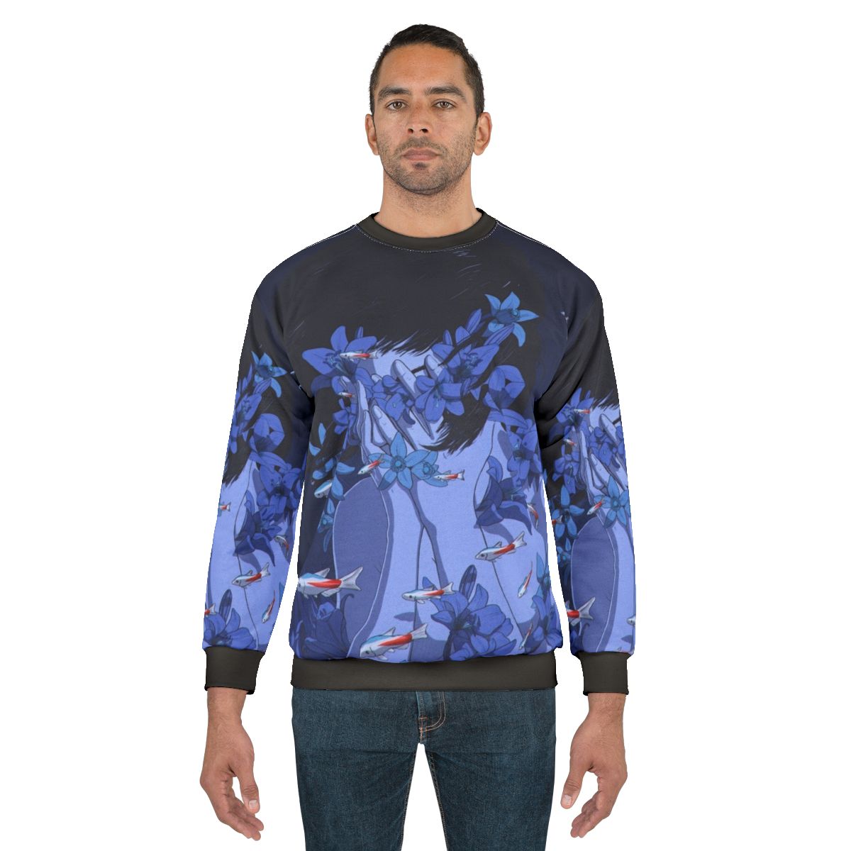 Blue sweatshirt with anime-style cartoon design featuring fish and flowers in a water-themed pattern