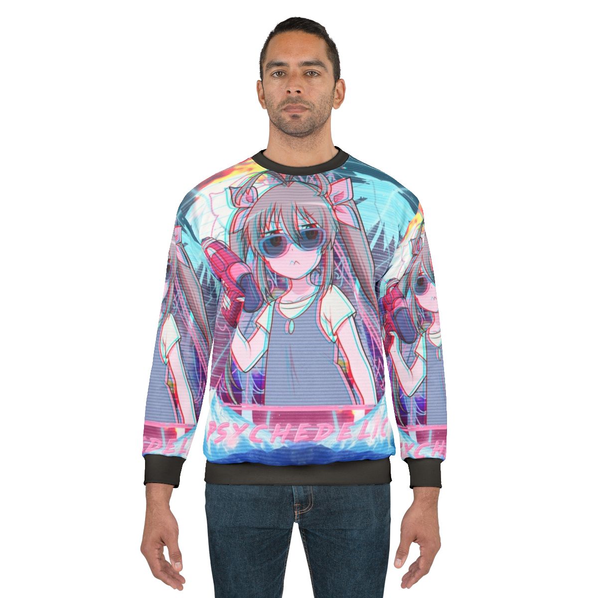 Psychedelic anime-inspired sweatshirt with synthwave design
