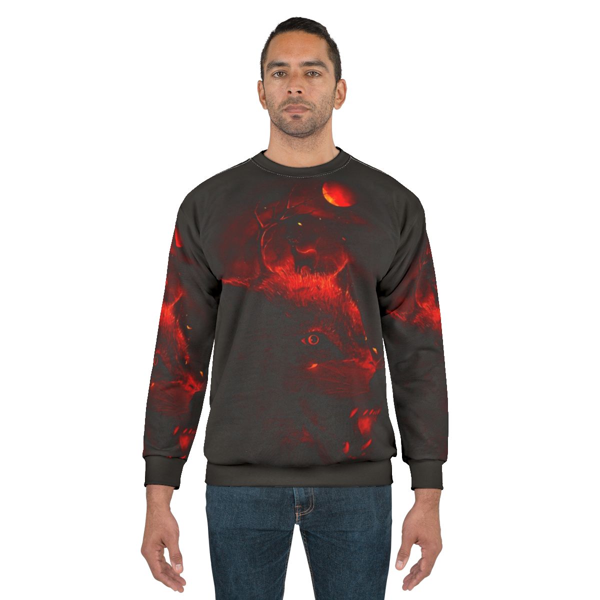 Red sweatshirt with dark night sky, wolf and deer silhouettes