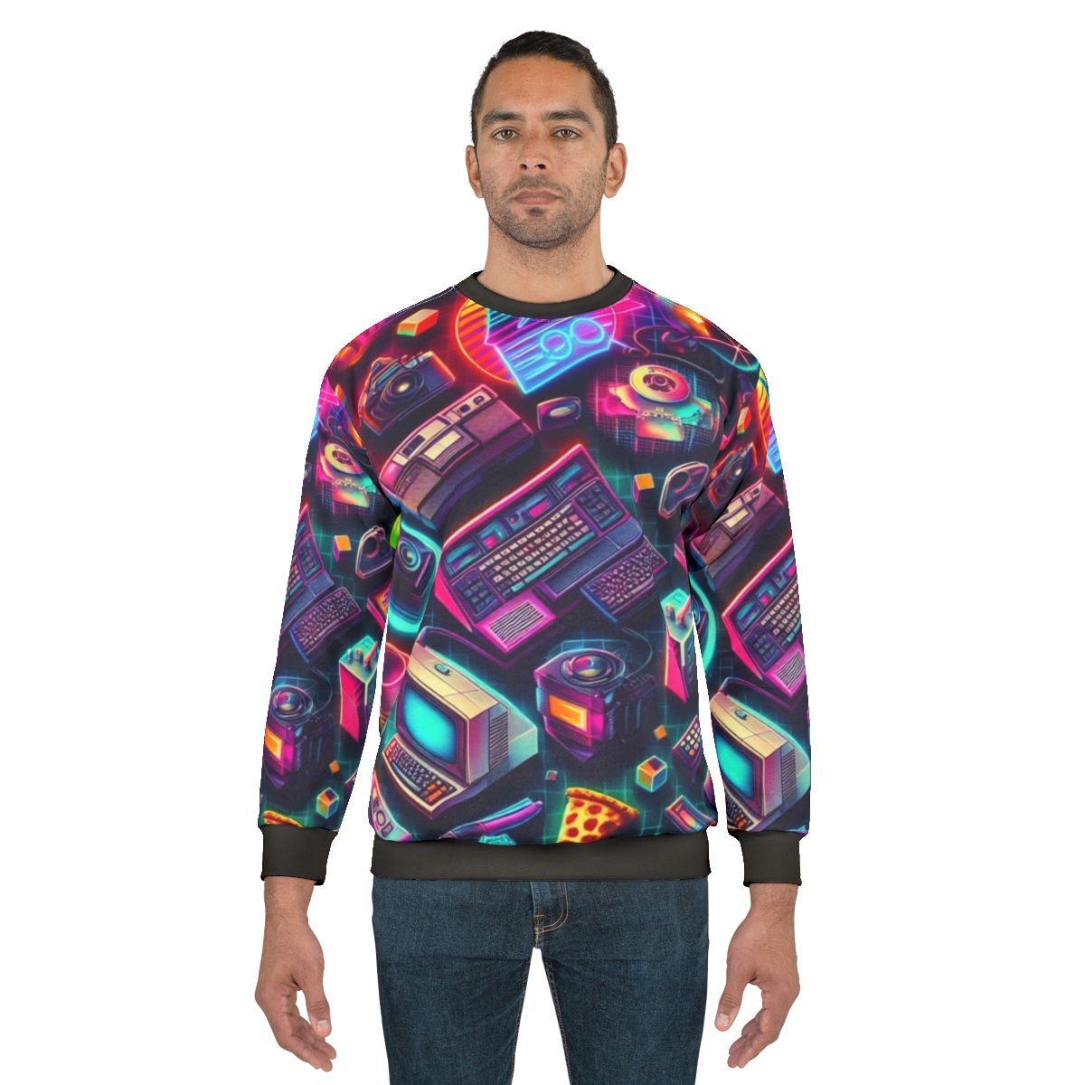 Retro Colorful Tech Sweatshirt with Vibrant Computer Graphics