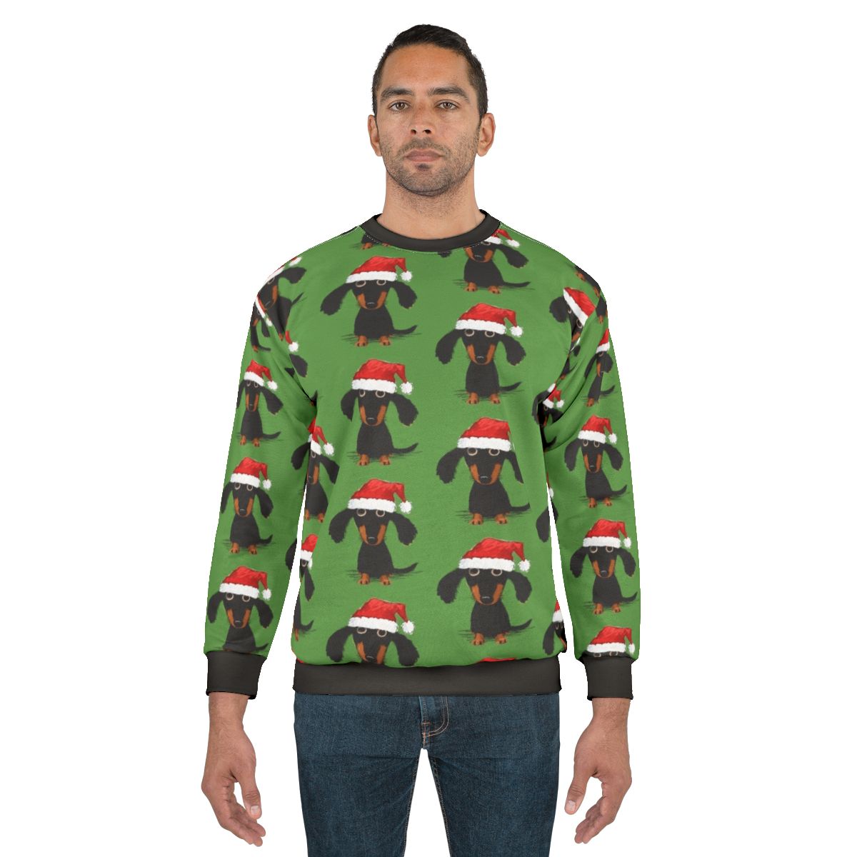 A cozy and humorous Christmas sweatshirt featuring a dachshund dressed as Santa