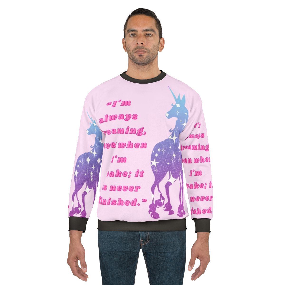 The Last Dreamer 3 Sweatshirt featuring a fantasy unicorn design with stars and 80s nostalgia