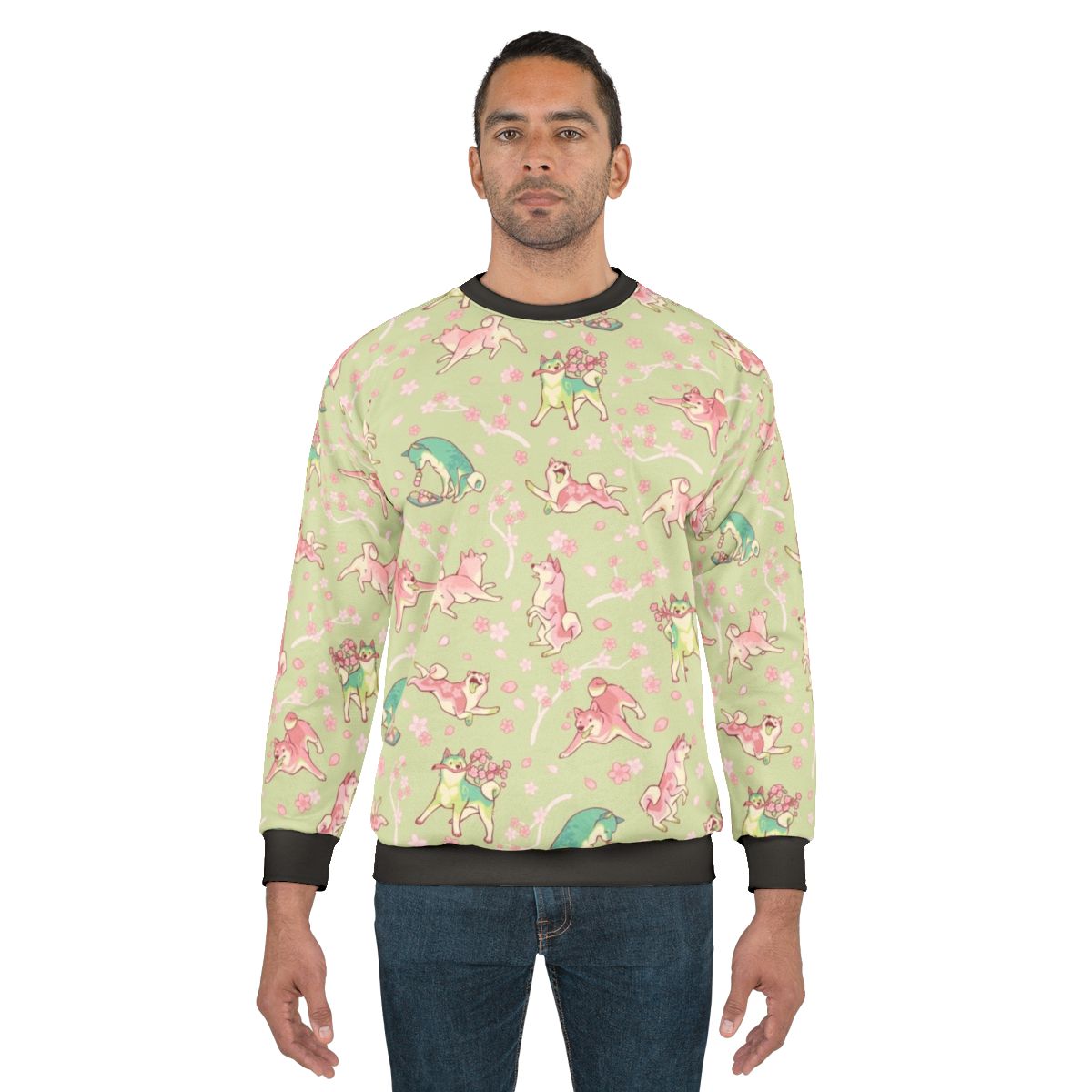 Shibakura Matchinu Matcha Sweatshirt with Shiba Inu Dog and Sakura Flower Pattern