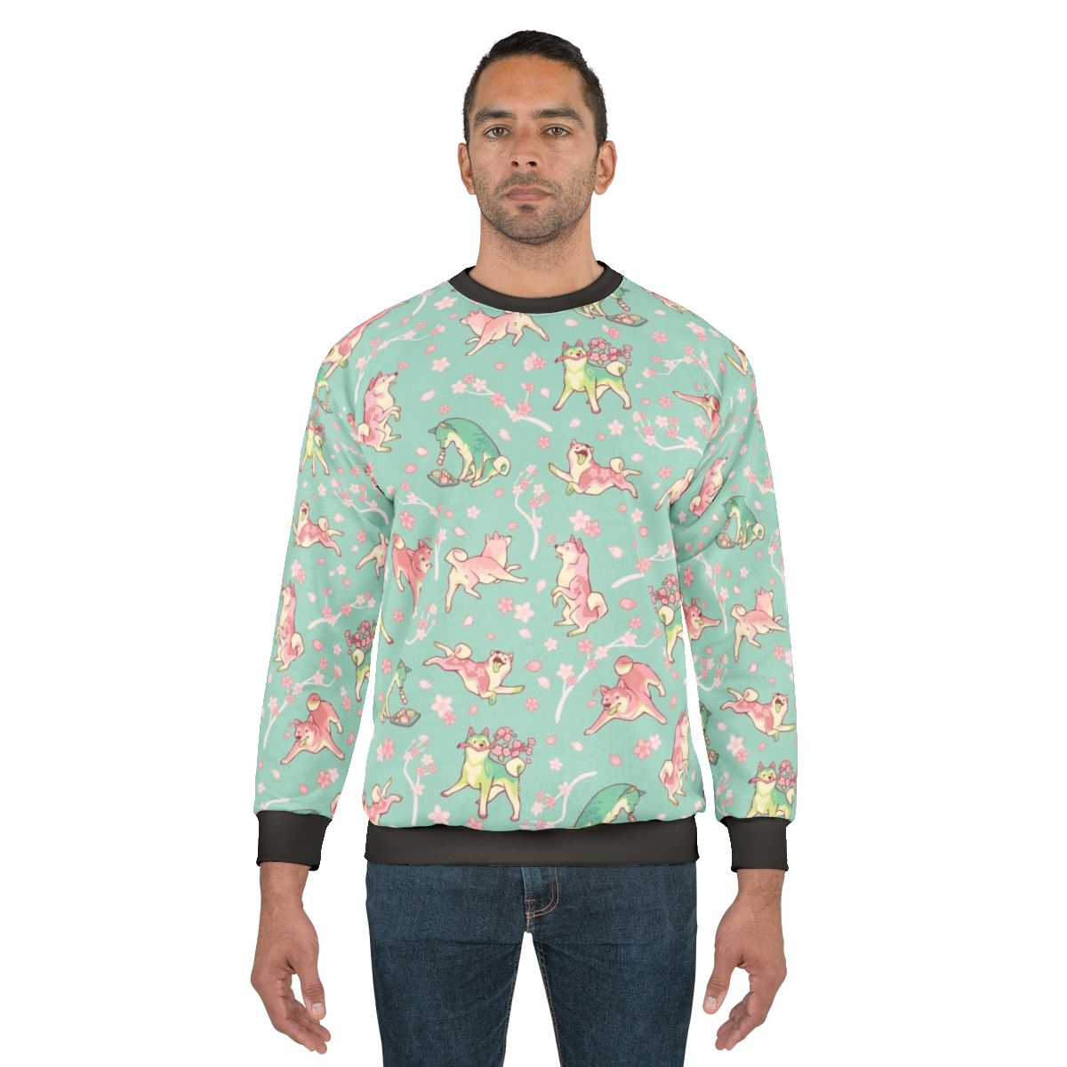 Shibakura Matchinu mint green sweatshirt with floral and dog pattern