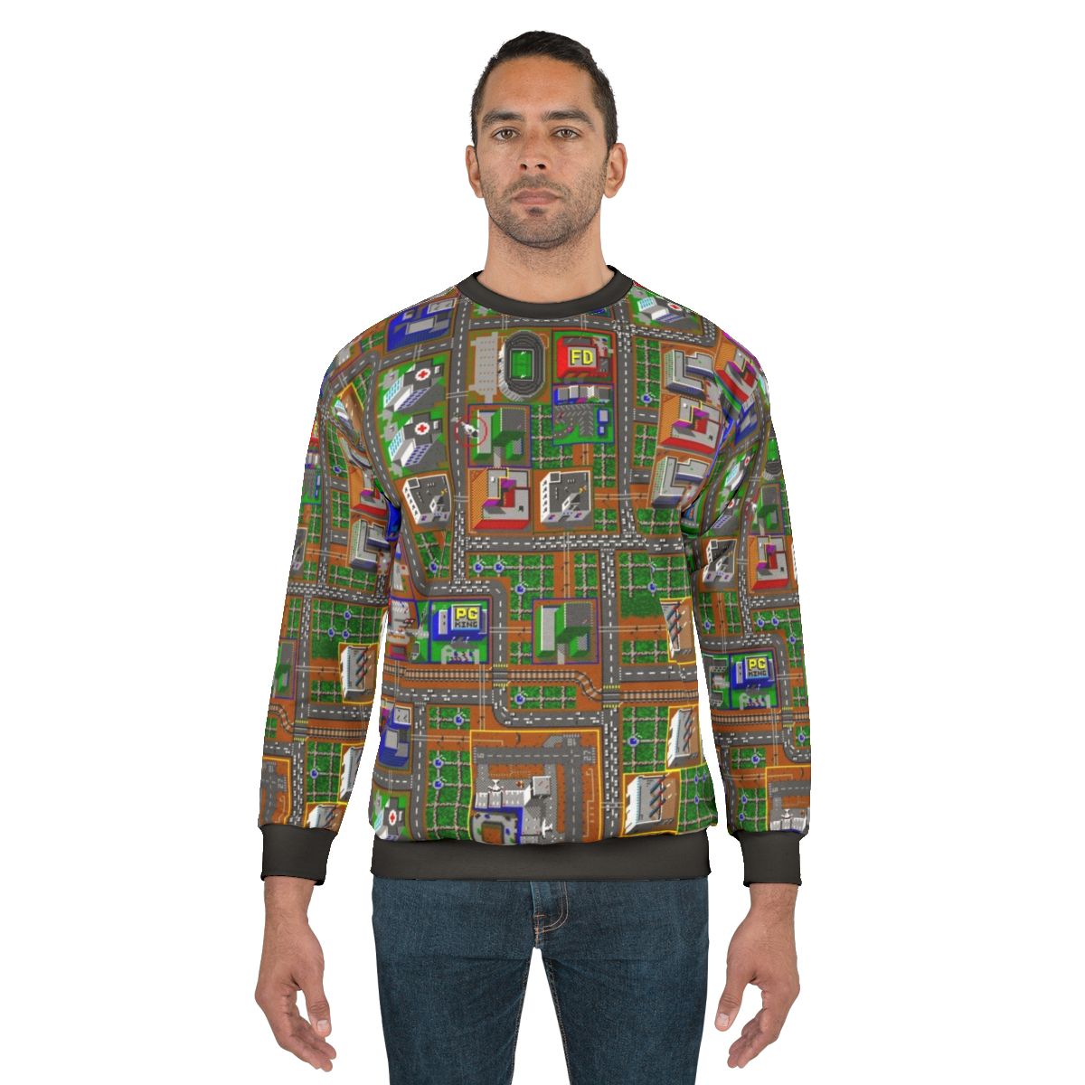 Retro Simcity 1 gaming sweatshirt with pixelated graphics