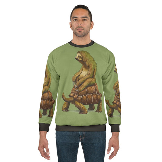 "Sloth and turtle graphic on a cozy sweatshirt"