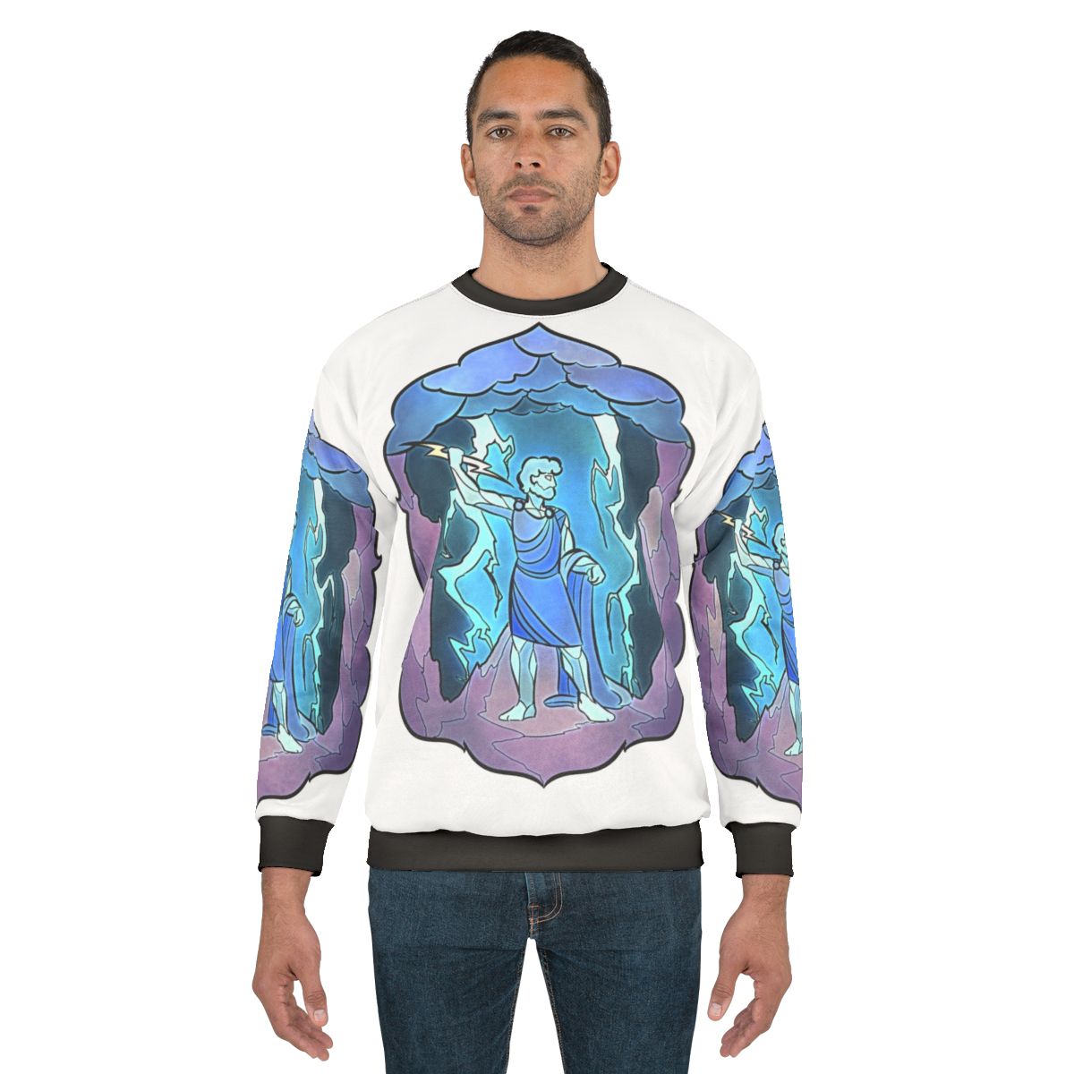 Stained glass design of the Greek god Zeus on a sweatshirt