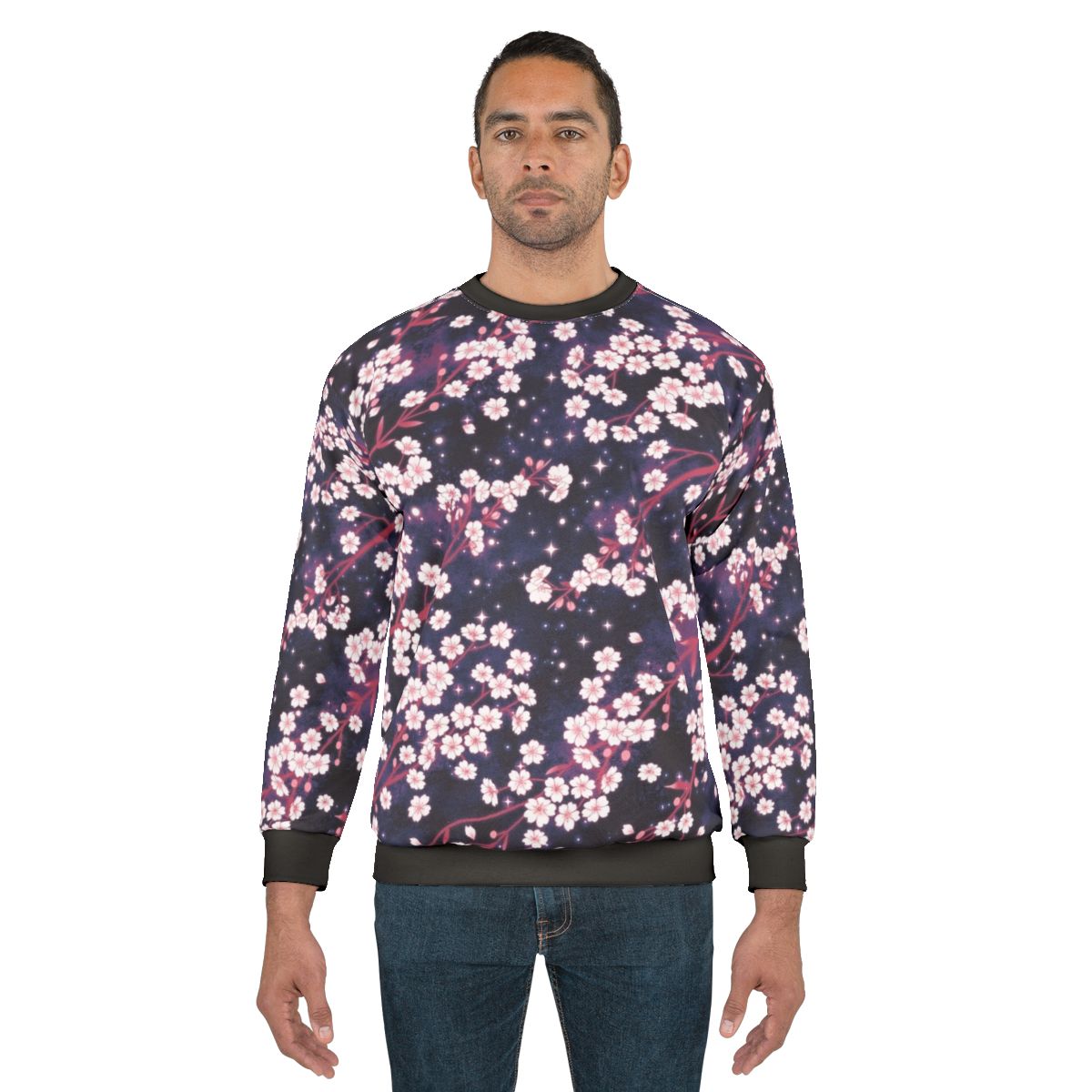 Sakura galaxy pattern sweatshirt with floral and starry designs