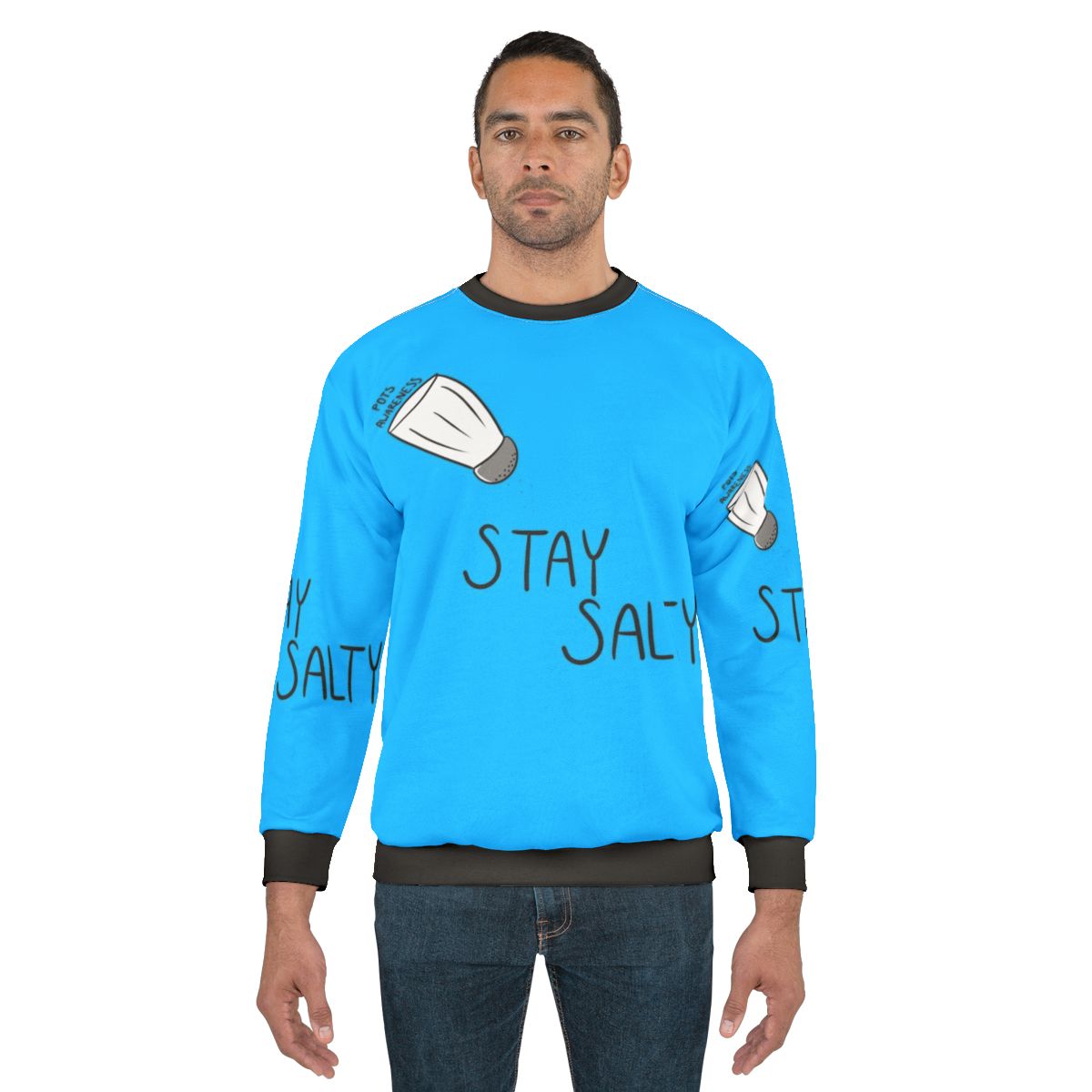 Stay Salty POTS Awareness Sweatshirt featuring a blue design with text