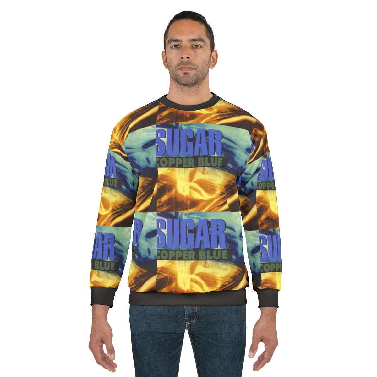 Blue copper sweatshirt with indie music inspired design